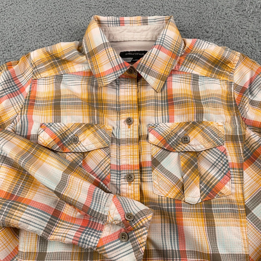Marmot Shirt Womens Extra Small Orange Plaid Flannel Outdoor Hiking Button Up